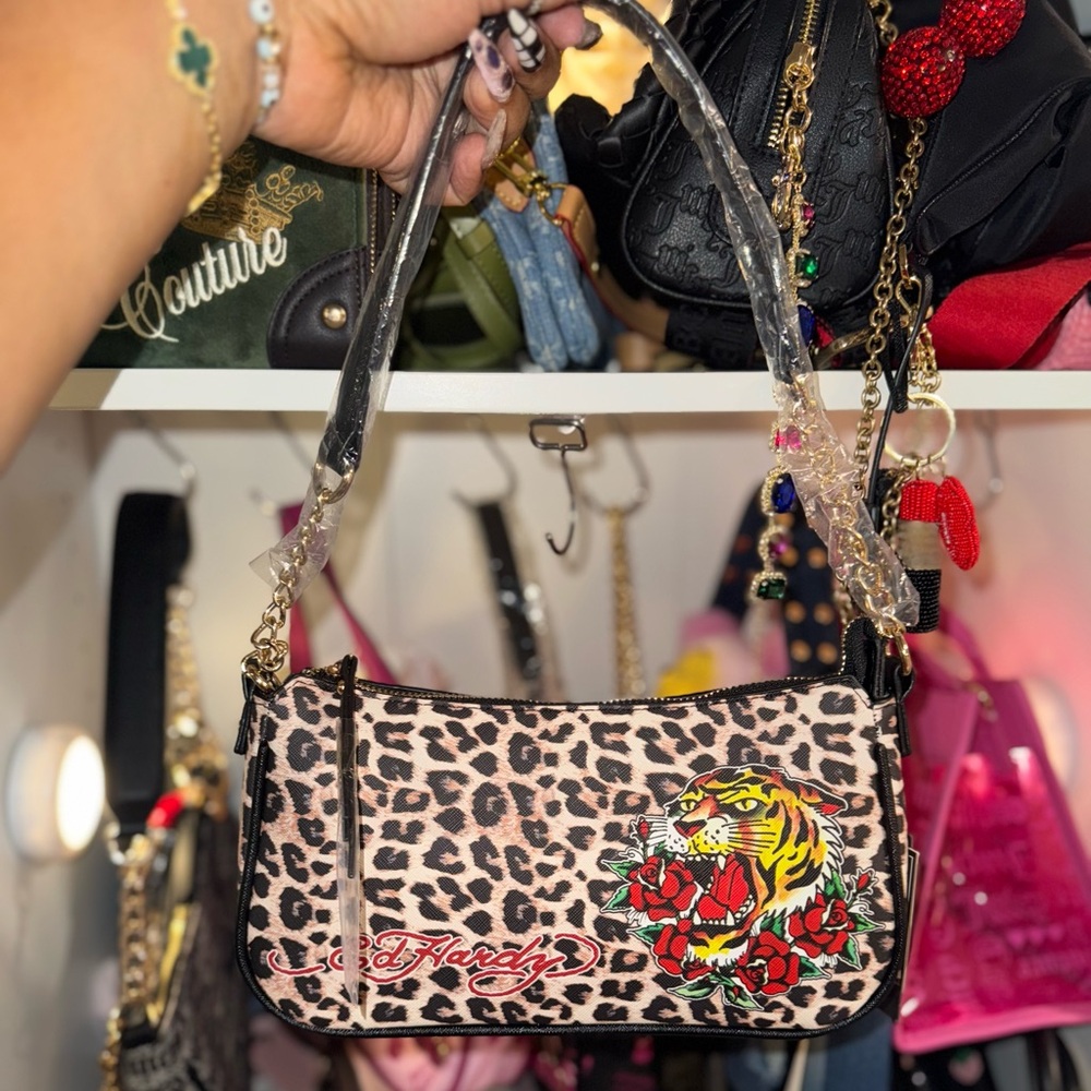 Ed Hardy Leopard Print Shoulder Bag - Black, Tan, and Red